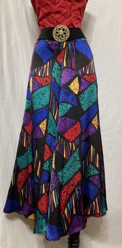 Vintage 80s Black & Bright Stained Glass Liquid Satin Panel Midi Maxi Skirt Sz 8