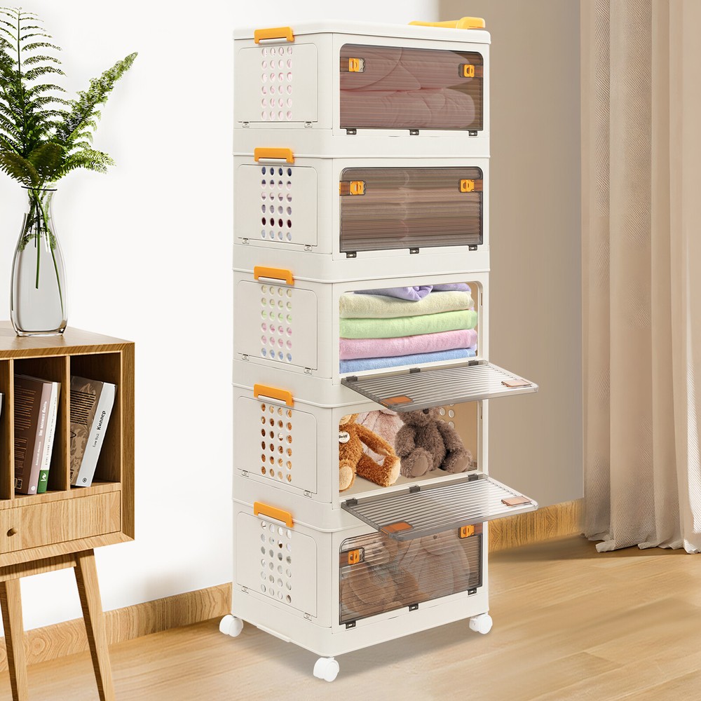 5-Tier Stackable Storage Cabinet with Doors & Wheels for Organizing