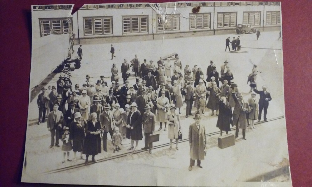 Antique 1920's-30's Original Real Photo Travelers Waiting at The AIRPORT w/ Bags