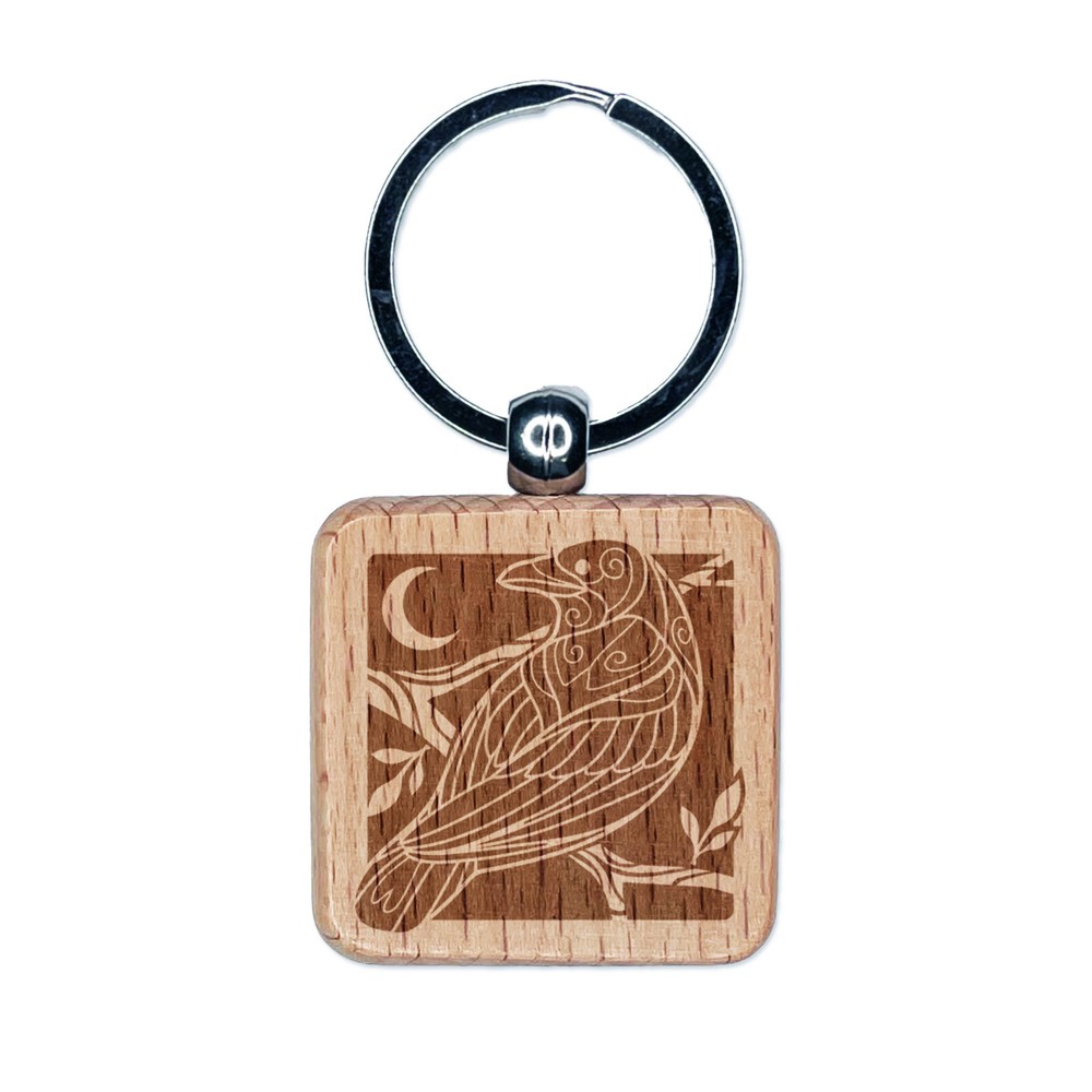 Runic Tribal Raven Wood Keychain Charm Engraved Square Tag  