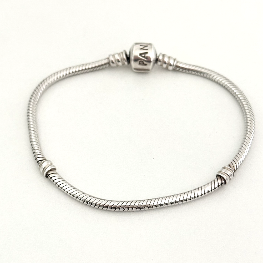 Pandora Sterling Silver Snake Chain Crown Logo Charm Bracelet 7.5 Inches