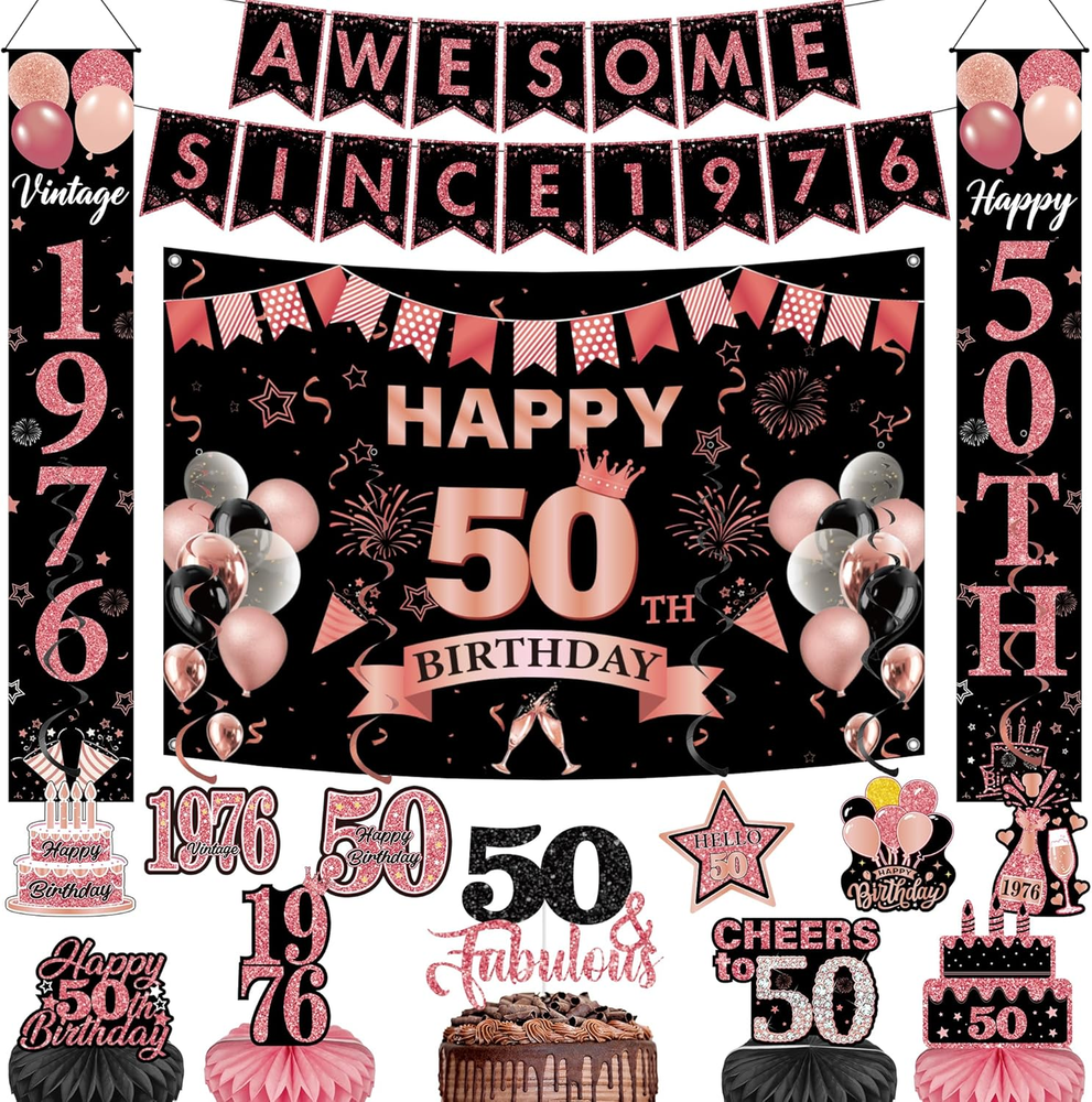 50Th Birthday Party Decorations Women - 16 Pcs Black Rose Gold Banner Backdrop P