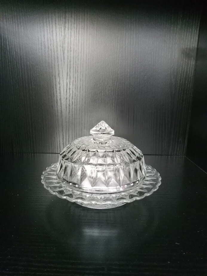Vintage Jeannette Glass Windsor Crystal Clear Round Butter Dish 2-Piece Set