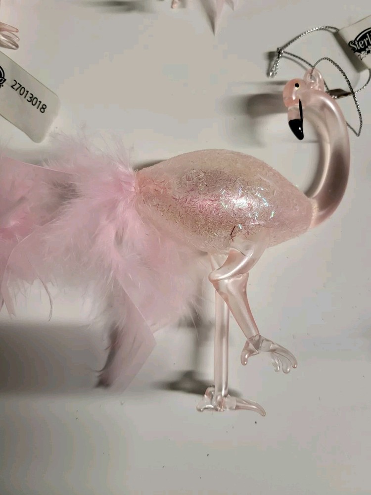 Vintage Pink Flamingo Handblown Glass Christmas Ornament with Feather Accents