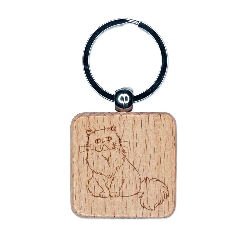Gentle Persian Cat Engraved Wooden Keychain Charm with Square Design  