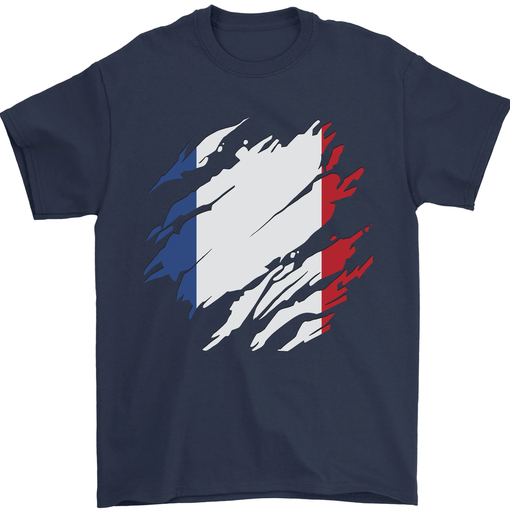 Torn France Flag French Day Football T-Shirt for Men 100% Cotton  