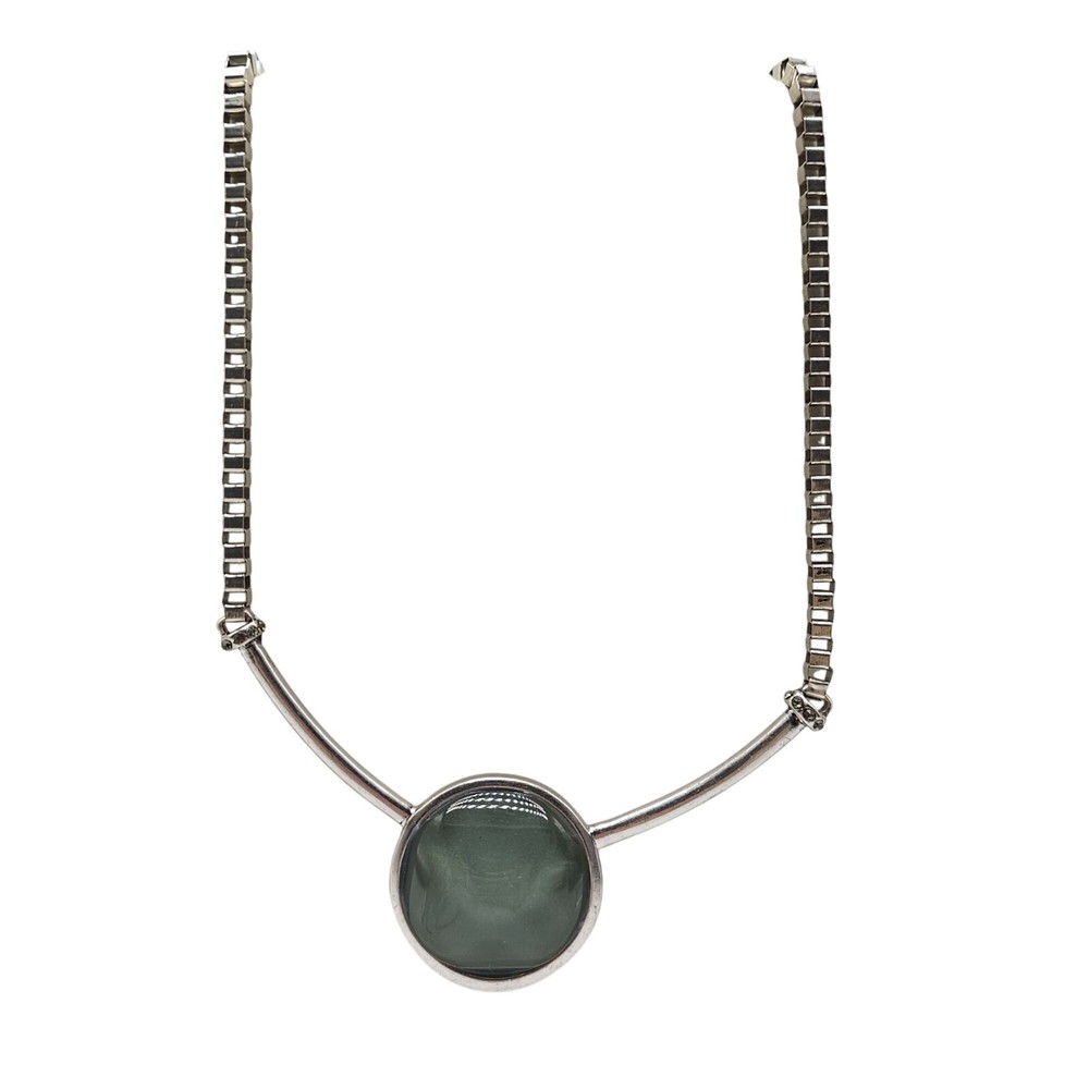 Kenneth Cole Silver Tone Necklace With Green Acrylic Stone Pendant Y2K