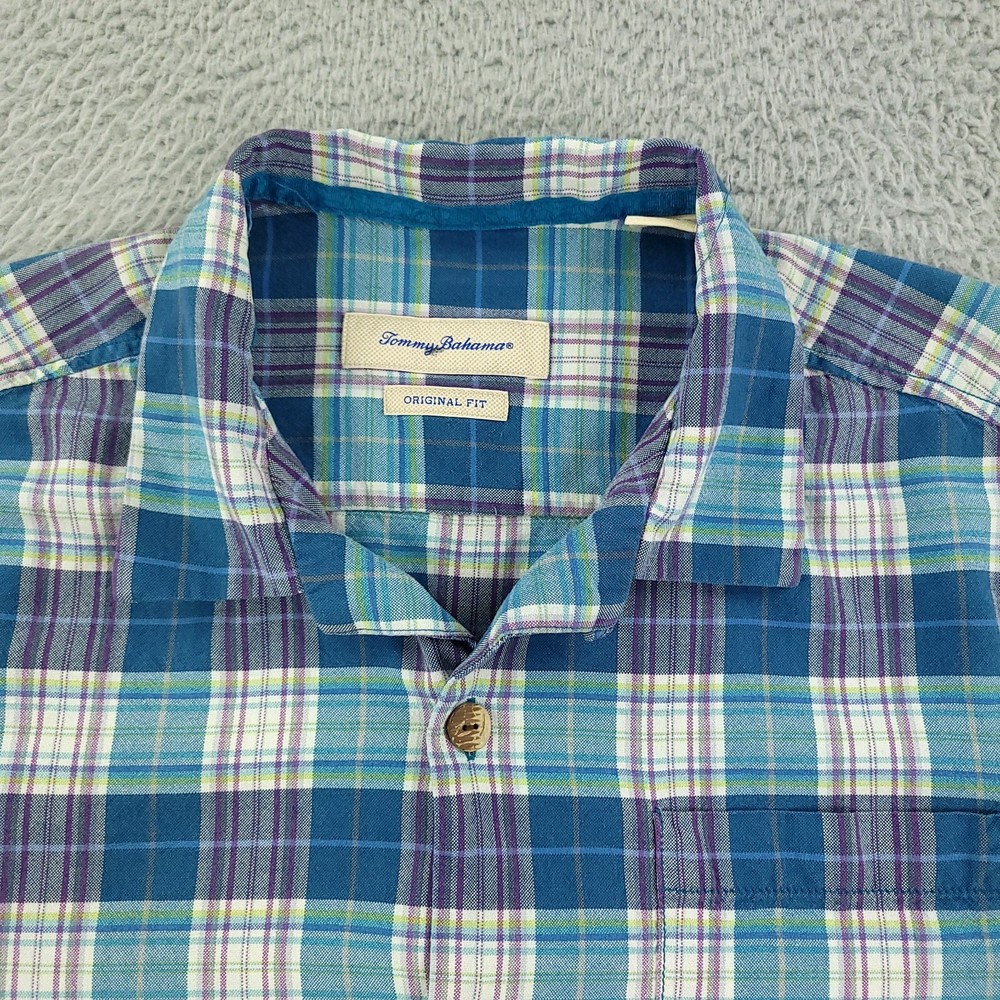 Tommy Bahama Mens Large Blue Hawaiian Silk Shirt Original Fit Beach Resort Camp