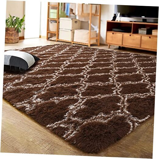 Luxury Shag Area Rug Geometric Plush Fluffy Rugs, Extra 8x10 Feet Brown/Beige