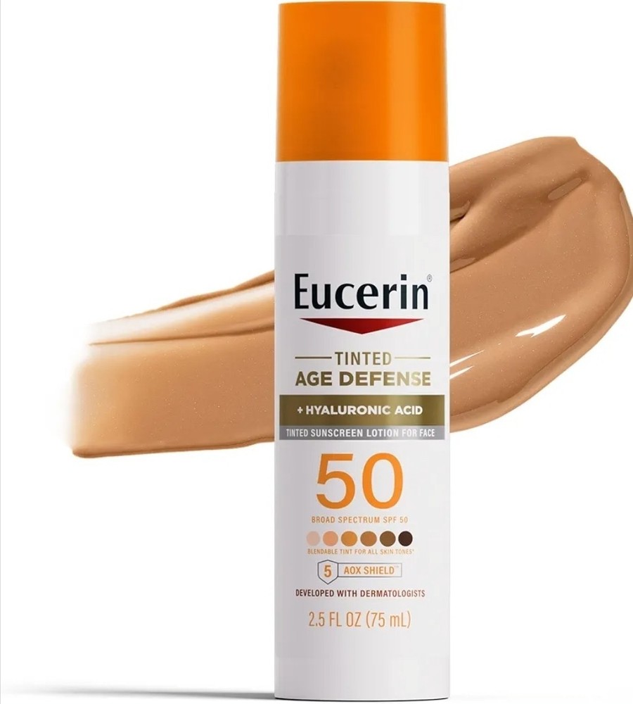 Sun Tinted Age Defense Face Sunscreen Lotion SPF 50 with Hyaluronic Acid, Tinted