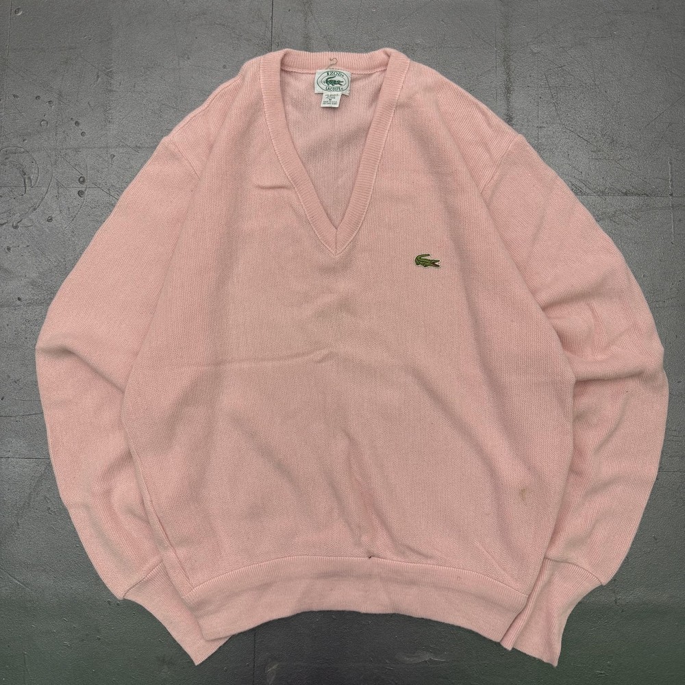 Vintage Izod Lacoste Sweater Mens Medium Pink V Neck Acrylic Pullover 80s USA