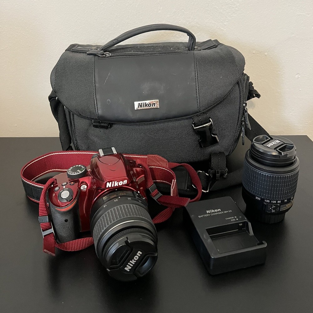 Red Nikon D3200 DSLR Camera With 18-55mm & 55-200mm Lense, Battery, Charger, Bag