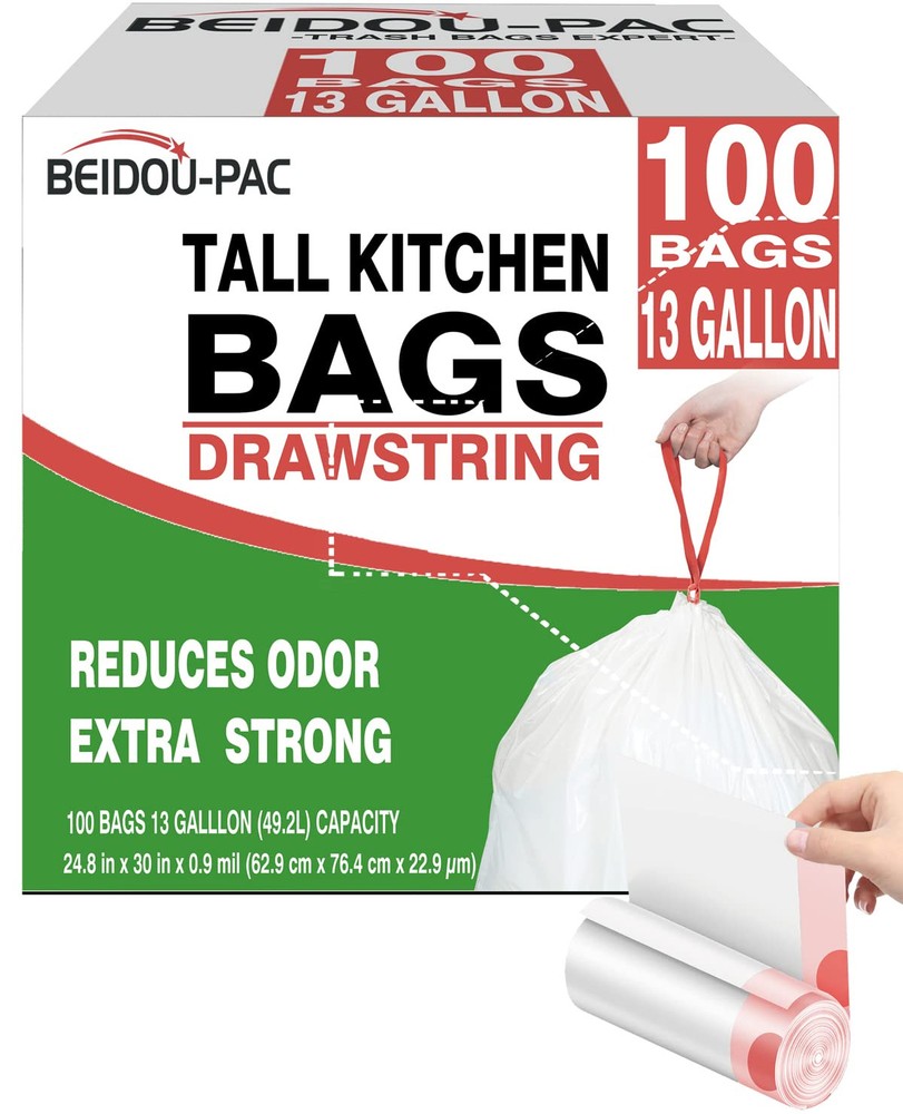 Trash Bags 13 Gallon Drawstring, 100 Count, Multifold Roll Garbage Bags, Tall...