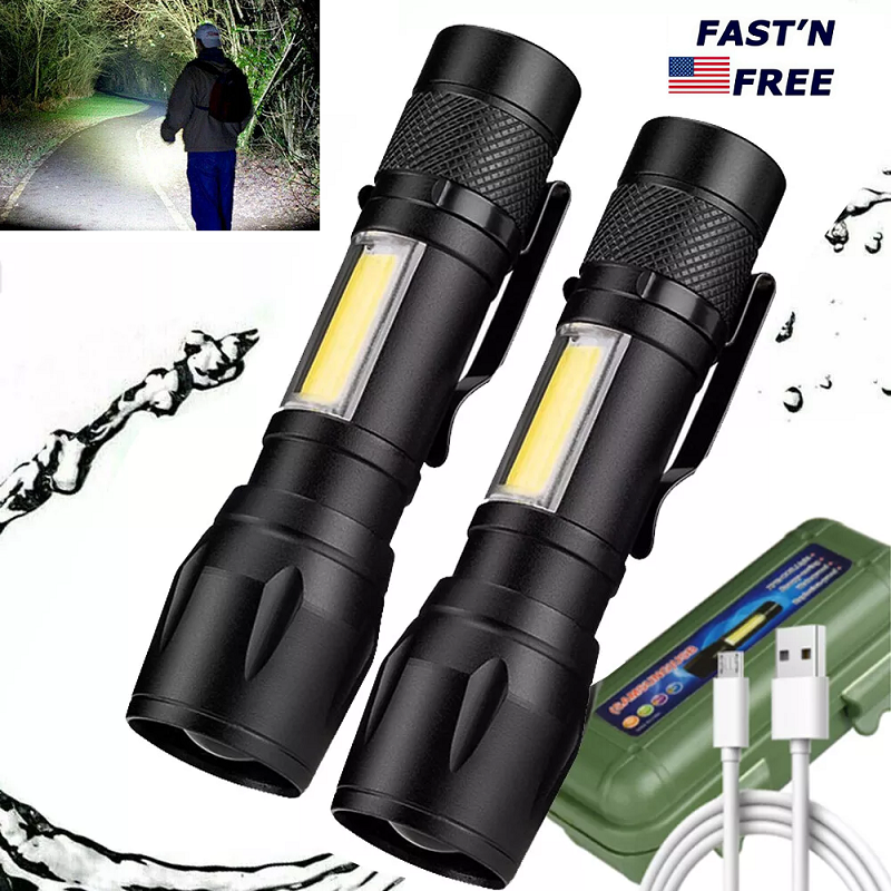 2× Super Bright LED Tactical Flashlight Zoomable USB Rechargeable Lamp 3 Modes