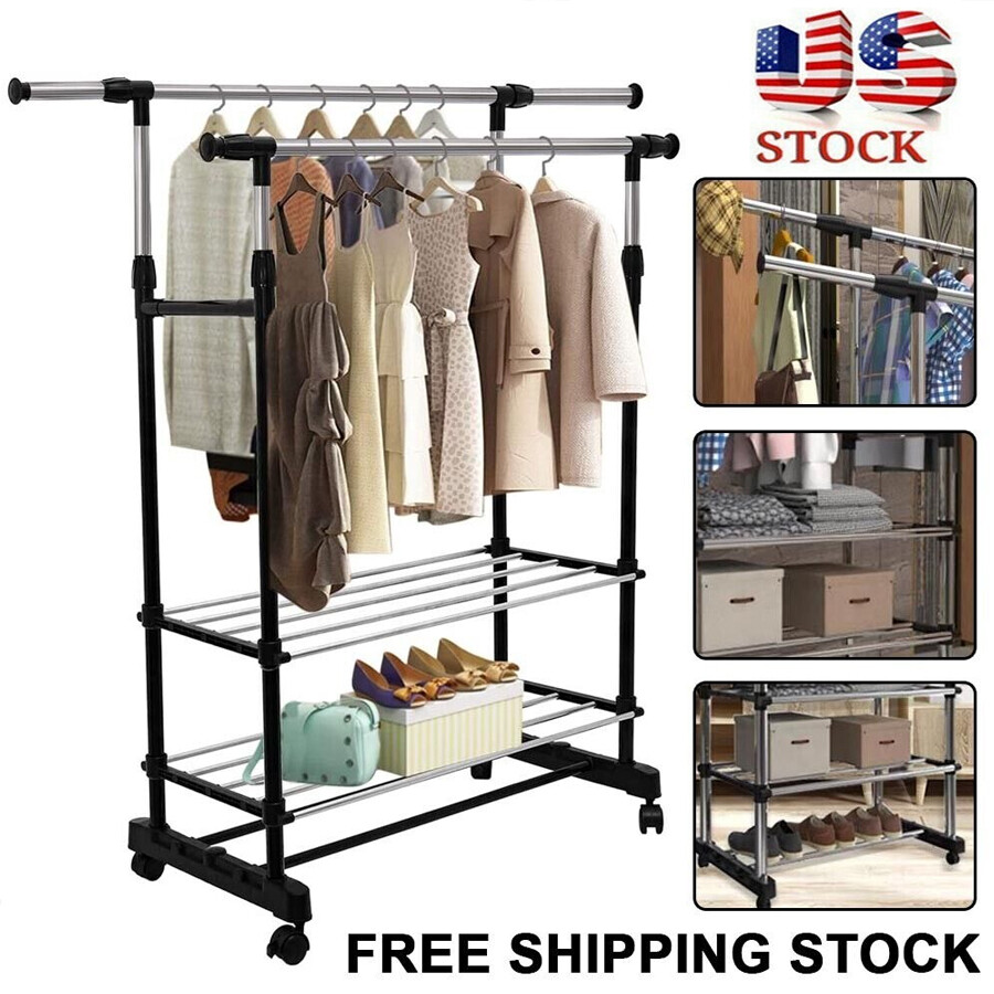 Heavy Duty Clothing Garment Rack Rolling Clothes Organizer Double Rails Hanging