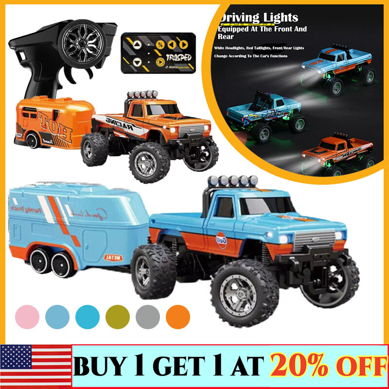1:64 Mini RC Monster Truck with Trailer - USBC Rechargeable Alloy Off-Road Toy