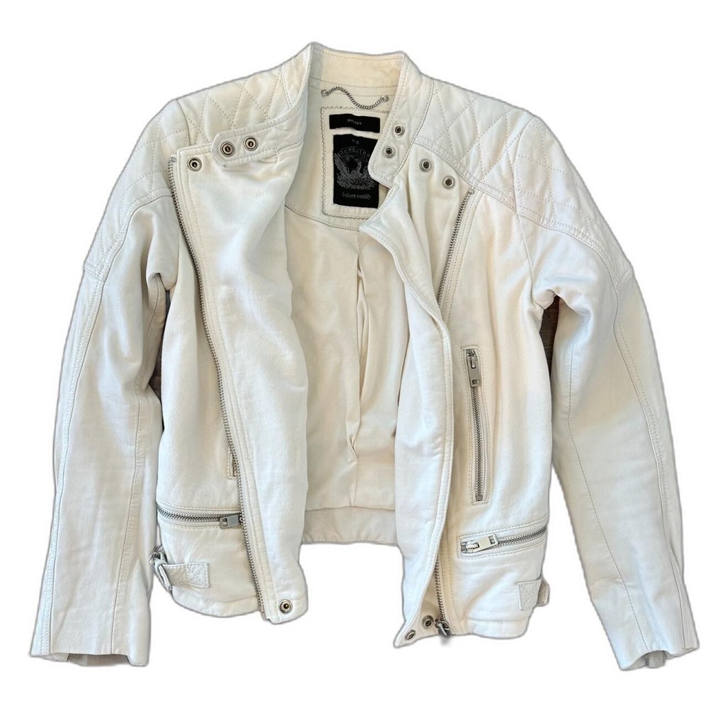 Women's Vintage White Leather Diesel Jacket | Size: SM | Biker Leather Jacket