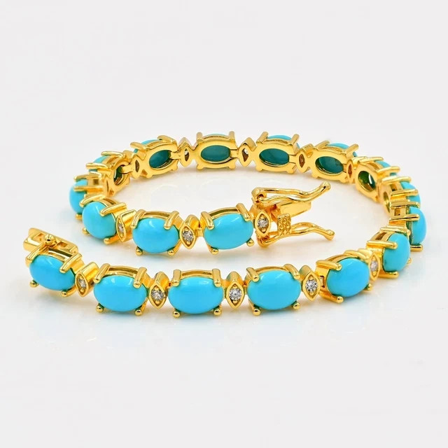 12 Ctw Oval Turquoise Tennis Bracelet 14K Yellow Gold Plated 925 Sterling Silver