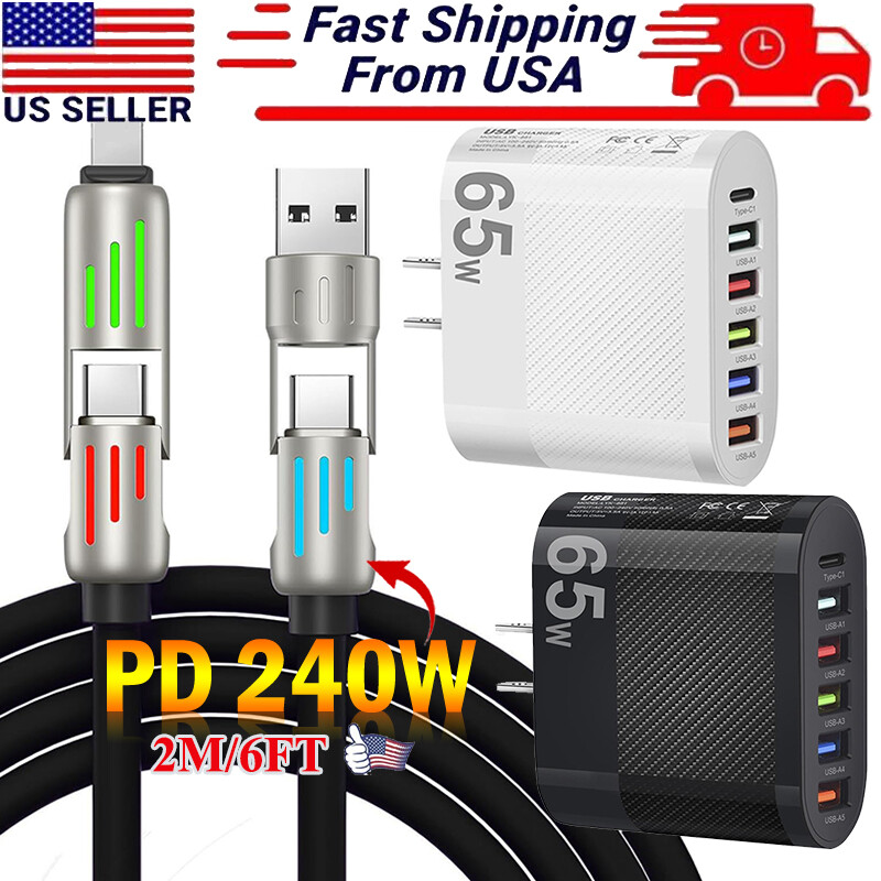 240W Fast Type C Wall Charger & 6FT 4 in 1 Cable For iPhone 16 Pro Max 15 14 13