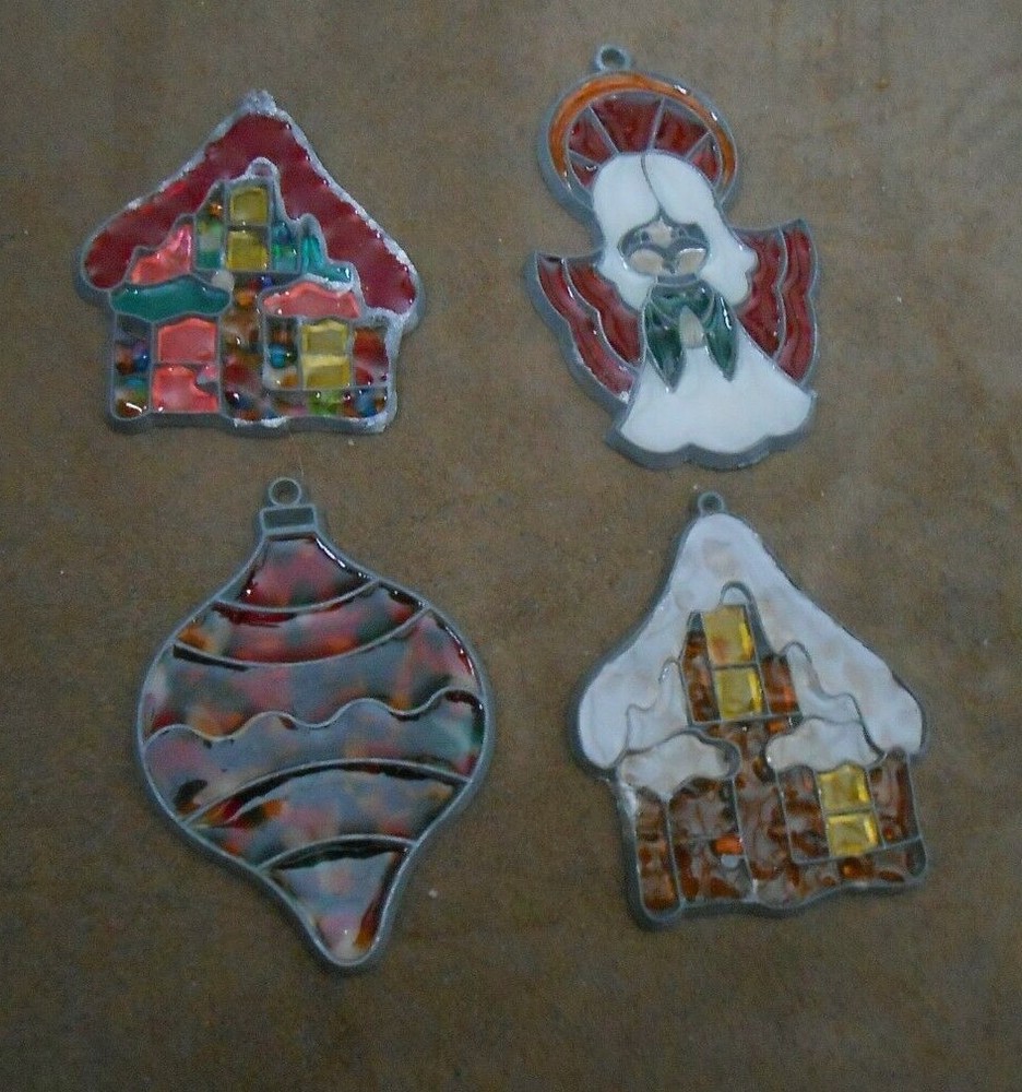 Lot of 4 Vintage Stained Glass Christmas Holiday Ornaments