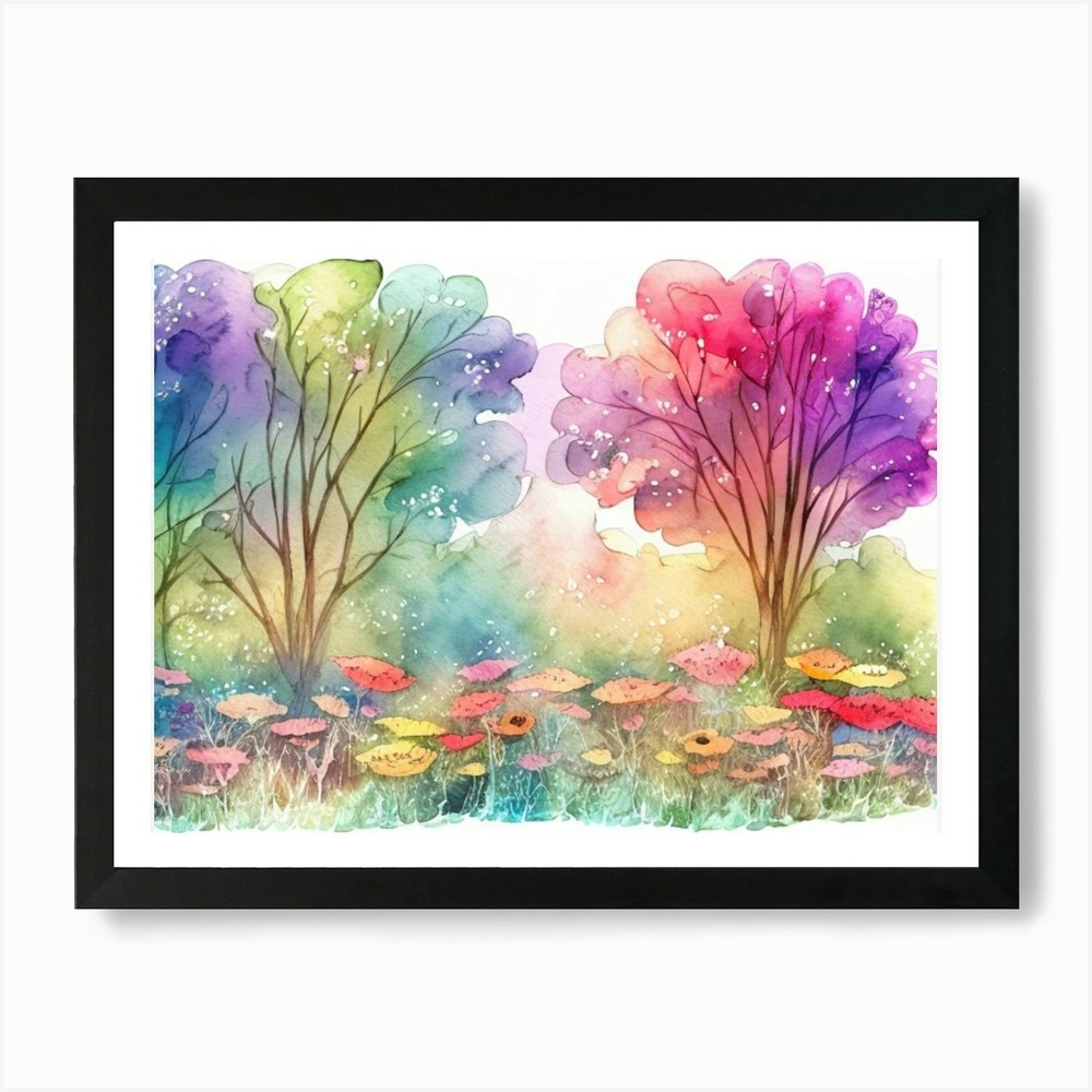 Vibrant Watercolor Trees & Flowers Framed Wall Art Canvas Print  