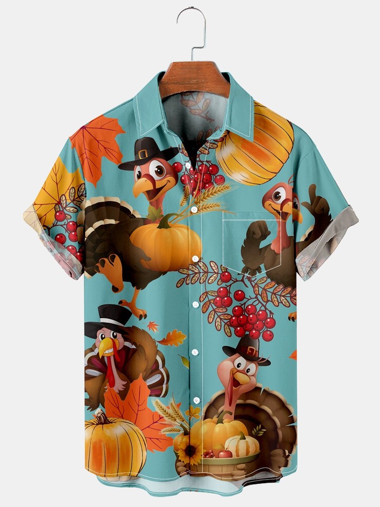 Mens Thanksgiving Hawaiian Shirt Featuring Turkey Pumpkin and Maple Leaf Design for Festive Style