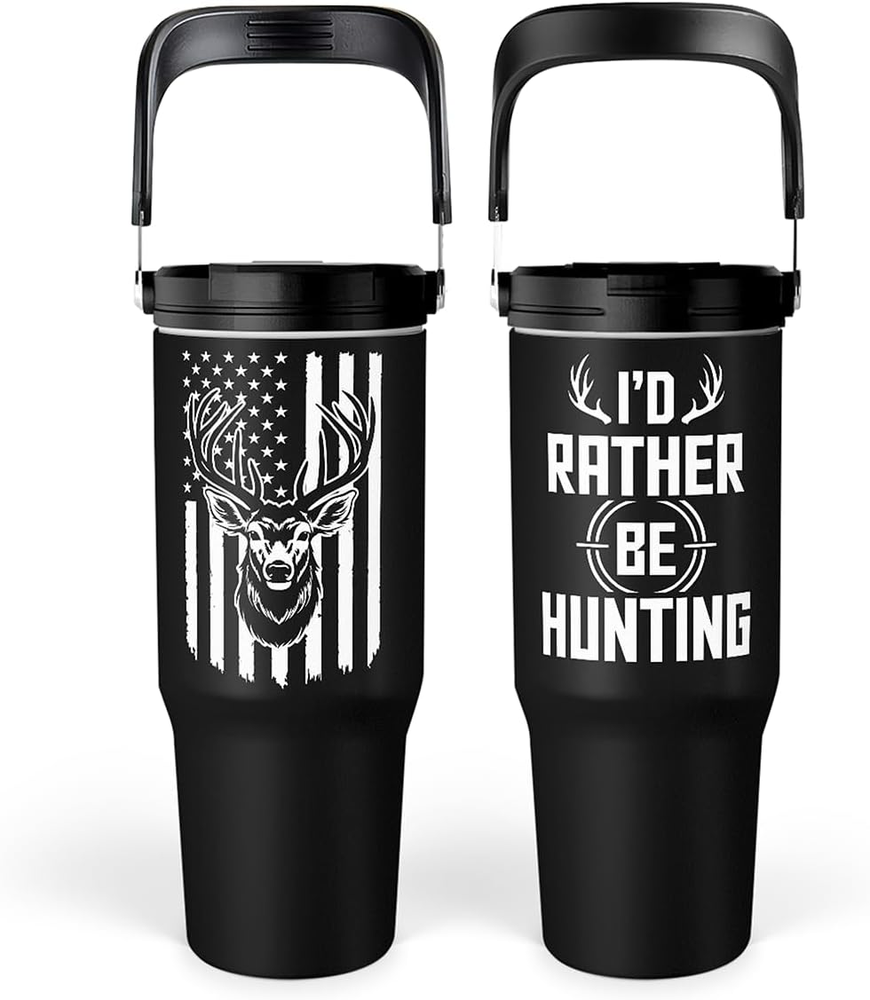 Deer Hunting Tumbler 30Oz Stainless Steel Flip Straw Handle for Men