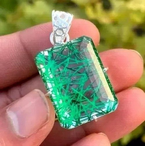 Natural Rutilated Quartz 95.40 Ct Emerald Green Gem 925 Silver Pendant