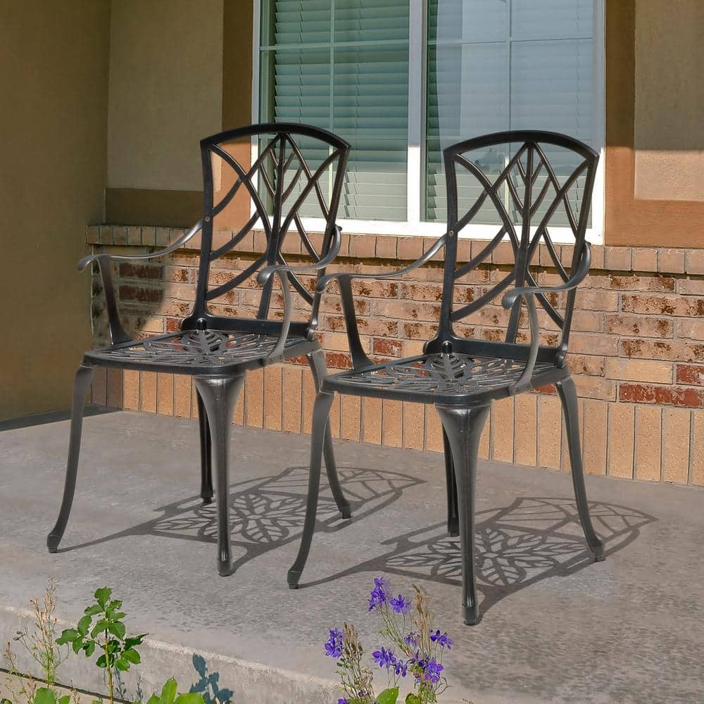 Black Cast Aluminum Patio Chairs with Gold Trim - Set of 2