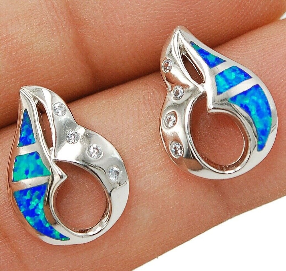 Australian Opal Inlay & Topaz 925 Solid Sterling Silver Earrings Jewelry OE5