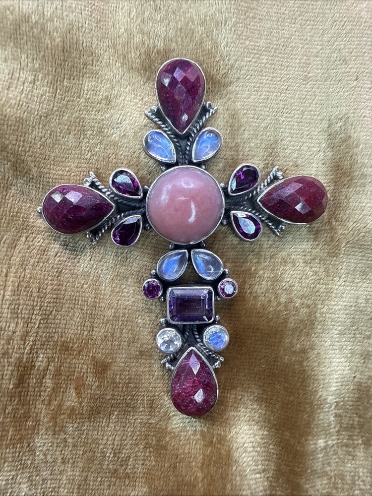 ✨ Nicky Butler Sterling Silver Gemstone Cross Pendant Necklace India 925 ✨