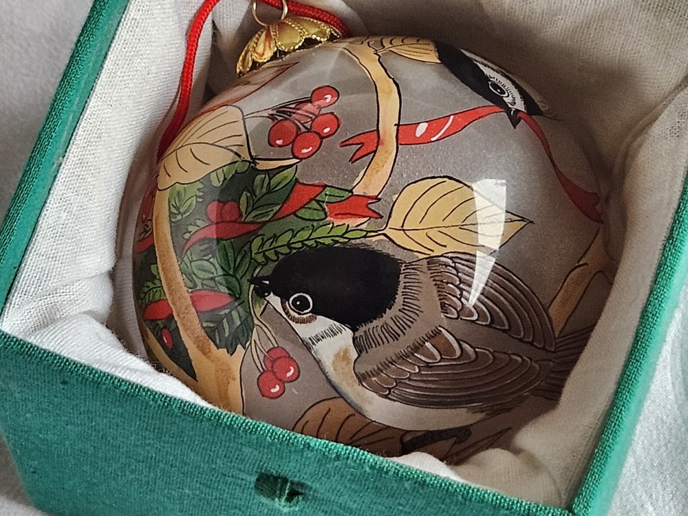 BYA Blown Glass Christmas Ornament Birds Ribbon Hand Painted Vintage 1996