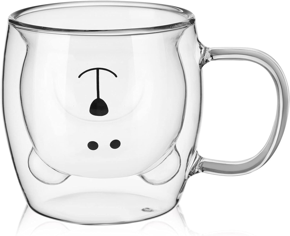 Cute Double Wall Insulated Bear Glass Mug for Tea Coffee Milk