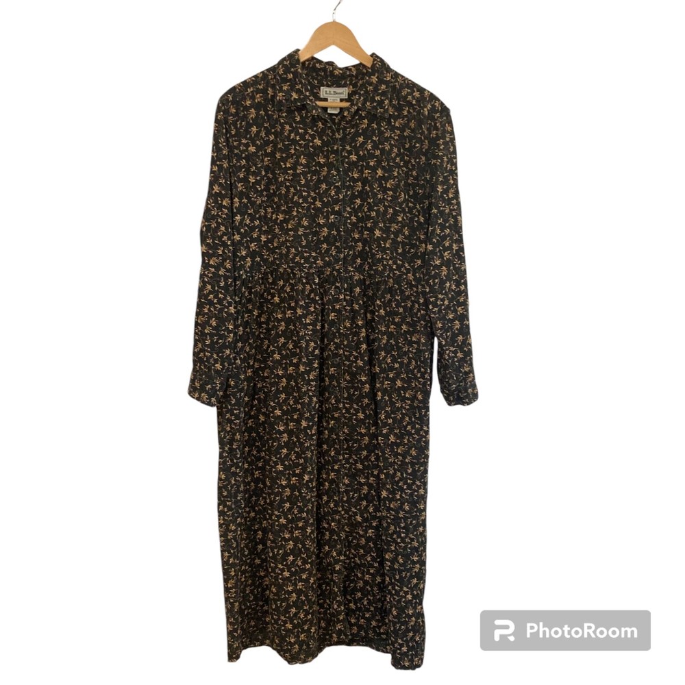 Vtg L.L. Bean Green Floral Corduroy Button Front Long Sleeve Maxi Dress Size 16