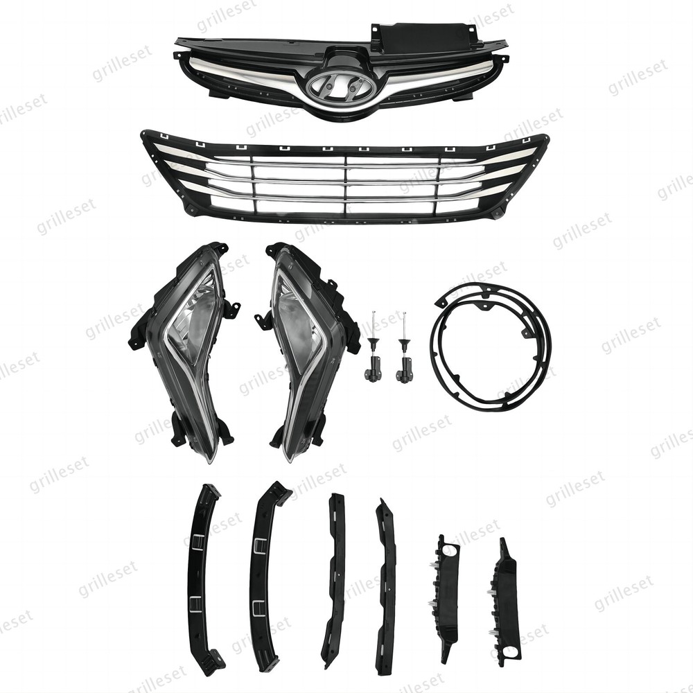 For Elantra 2014-2016 11PC Upper/Lower Grille, Fog Lights & Bumper Bracket Kit