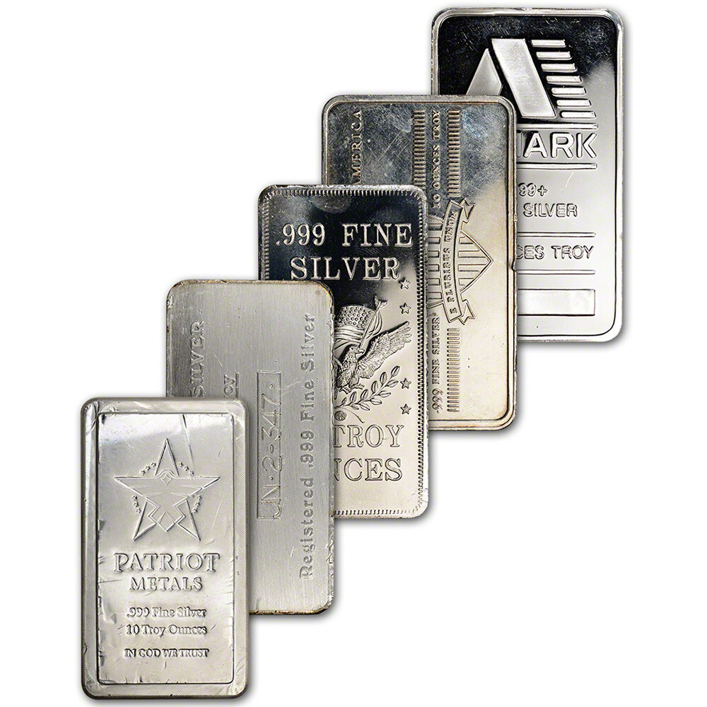 FIVE (5) 10 oz. Silver Bar - Random Brand - Secondary Market - .999 Fine