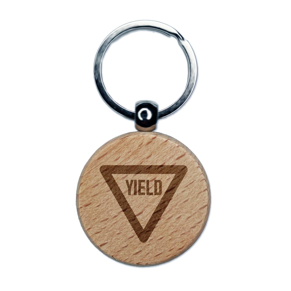Yield Sign Engraved Wood Round Keychain Tag Charm