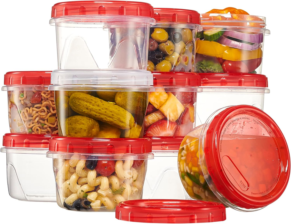 12-Pack 16oz Twist-Lock Food Storage Containers with Red Lids - Reusable