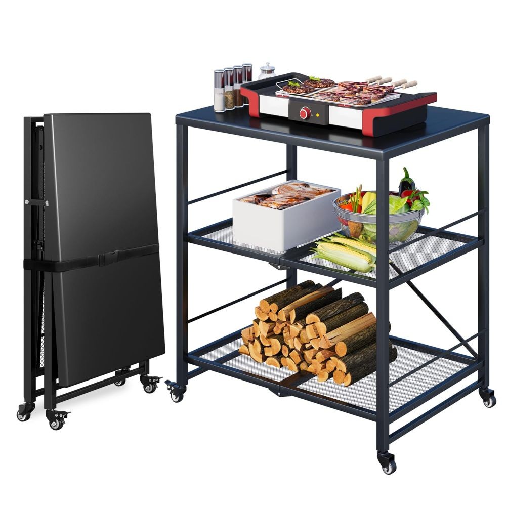 Outdoor Grill Table, 3-Tier Pizza Oven Stand Stainless Steel with Lock Casters