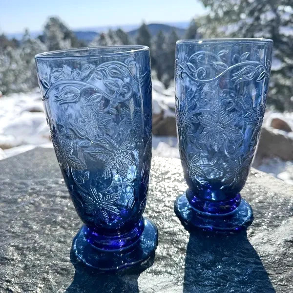 Princess House Fantasia Blue Goblets, Set of 2 Footed Glasses, Floral Vintage