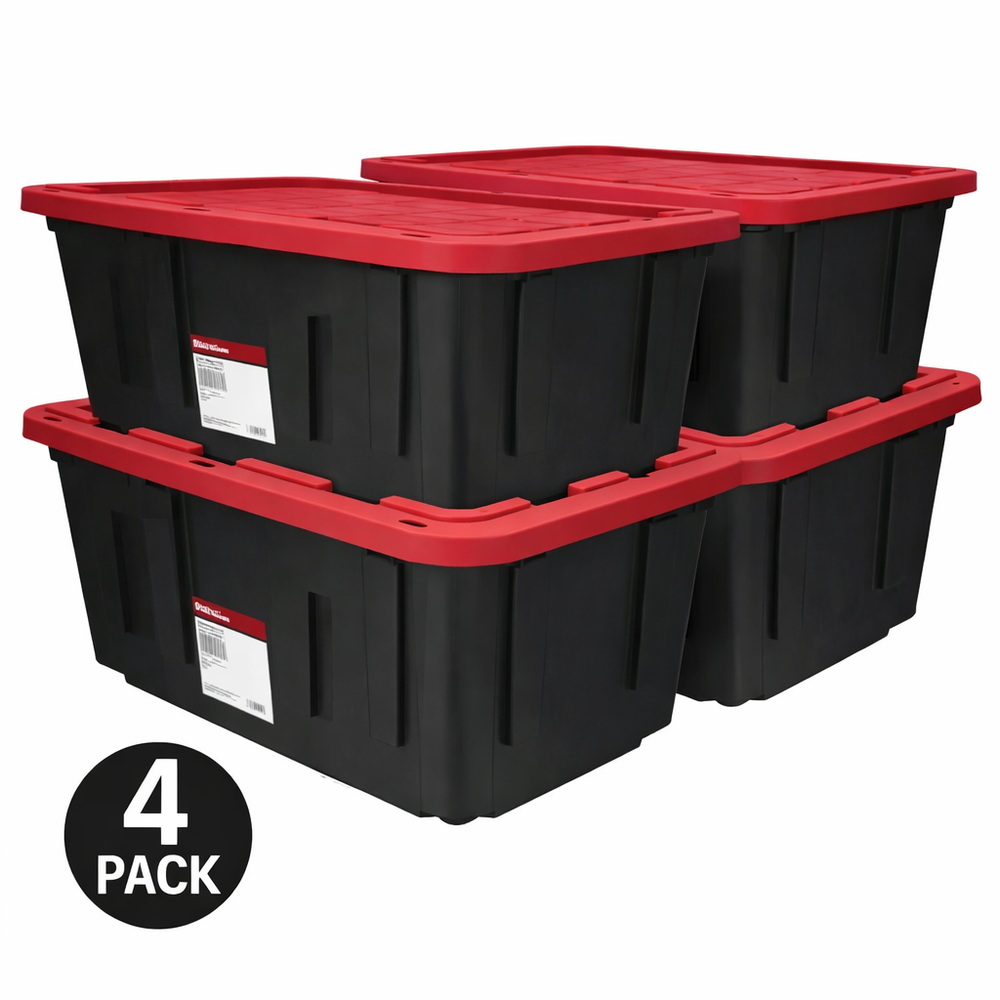 Hyper Tough 27 Gallon Storage Bin 4 Pack Plastic Tote Snap-On Lid Heavy Duty