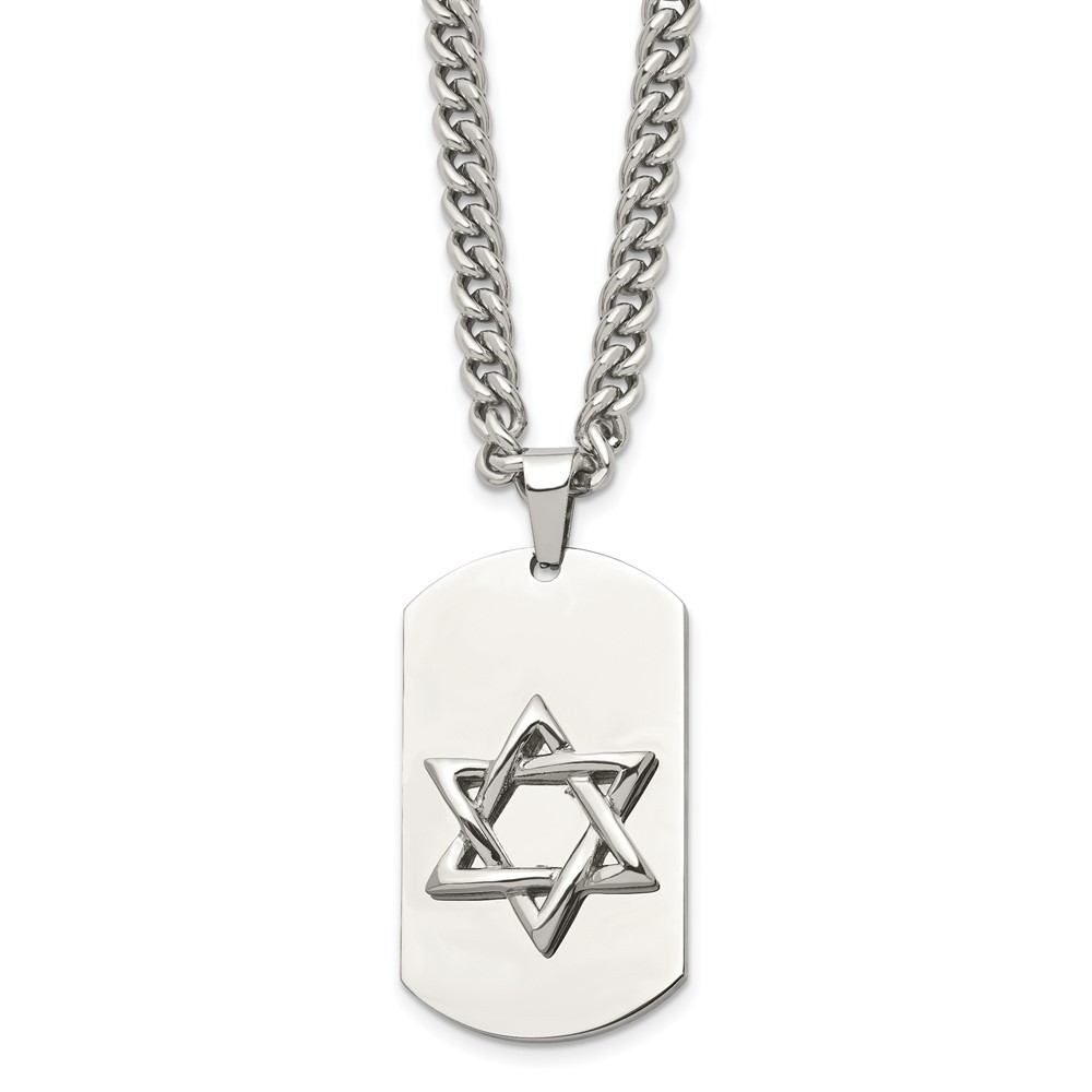 Stainless Steel Polished Star of David Dog Tag Curb Chain Necklace 24