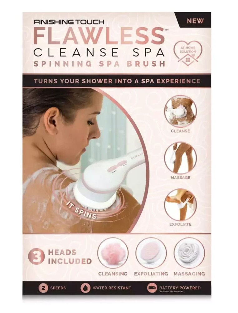 Flawless Cleanse Spa Shower Wand - Cordless Spinning Bath Brush + 3 Heads