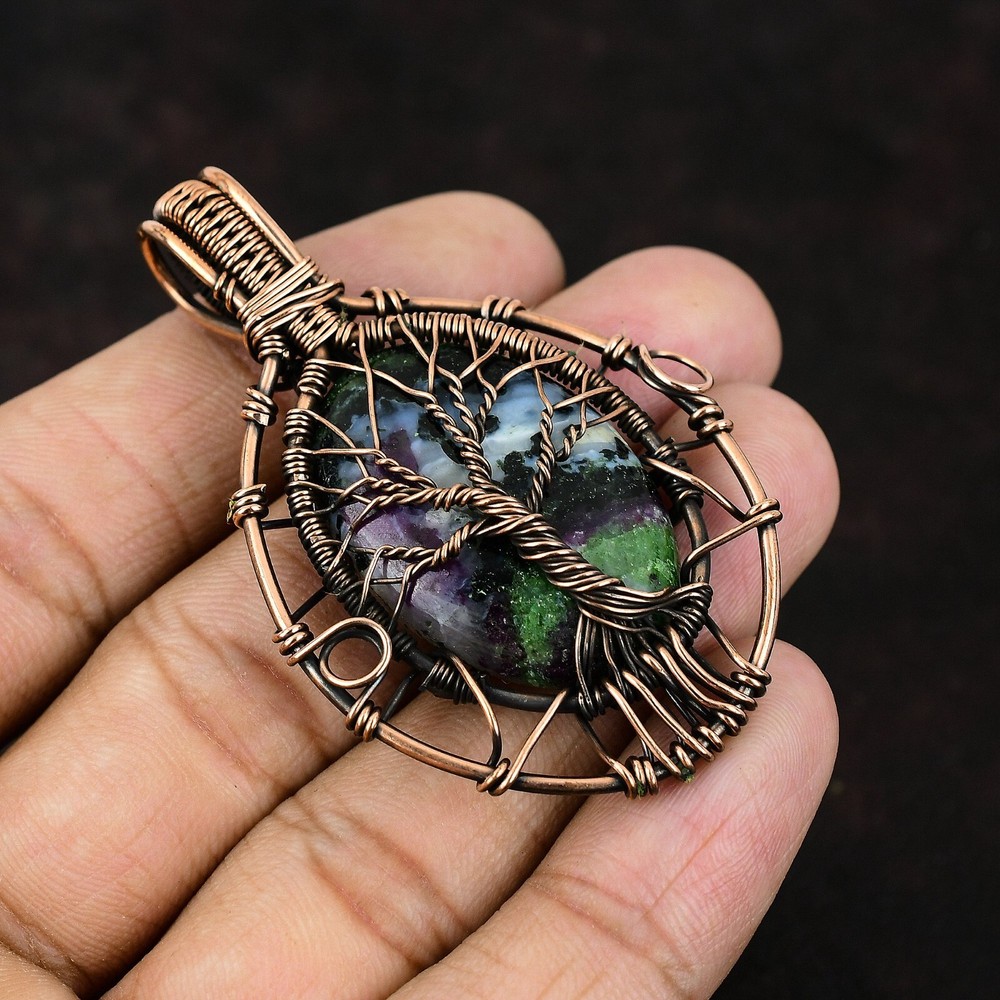 Christmas Sale Ruby Zoisite Gemstone Copper Wire Wrapped Tree Of Life Pendant-image
