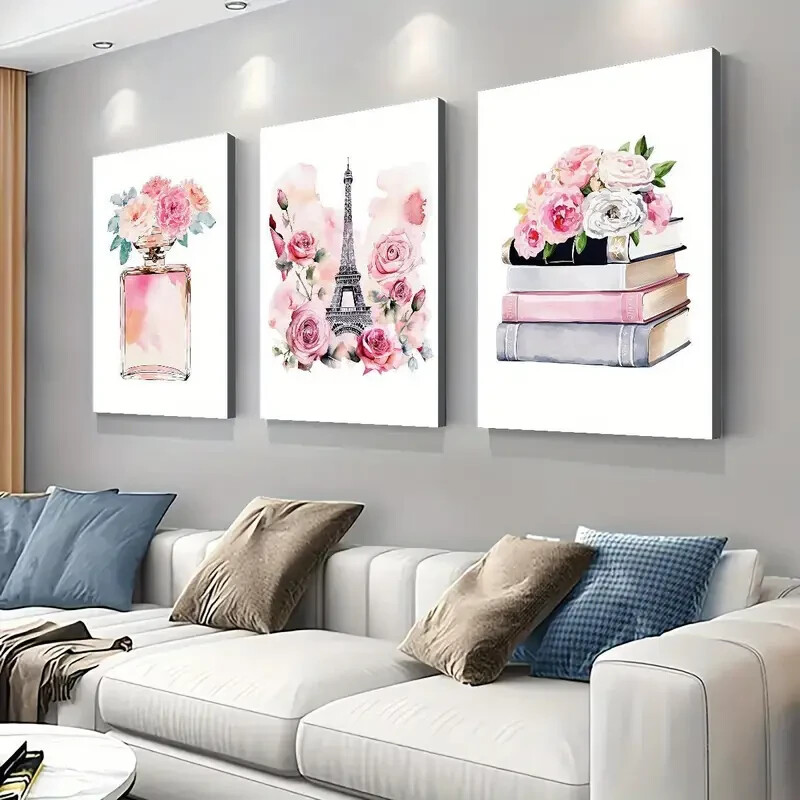 3pcs  Pink Perfume & Parisian Fashion Wall Art Canvas Unframed