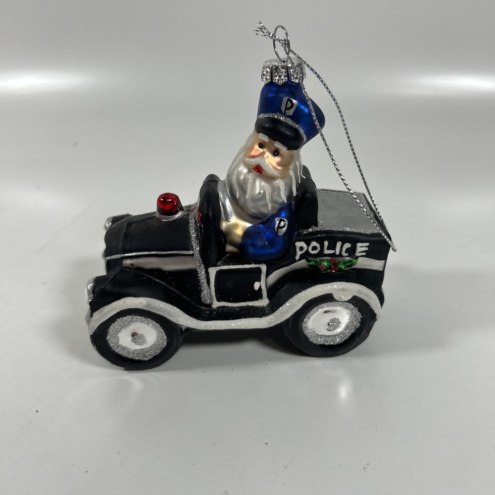 Holiday Police Car  Santa Claus Glass Christmas Ornament