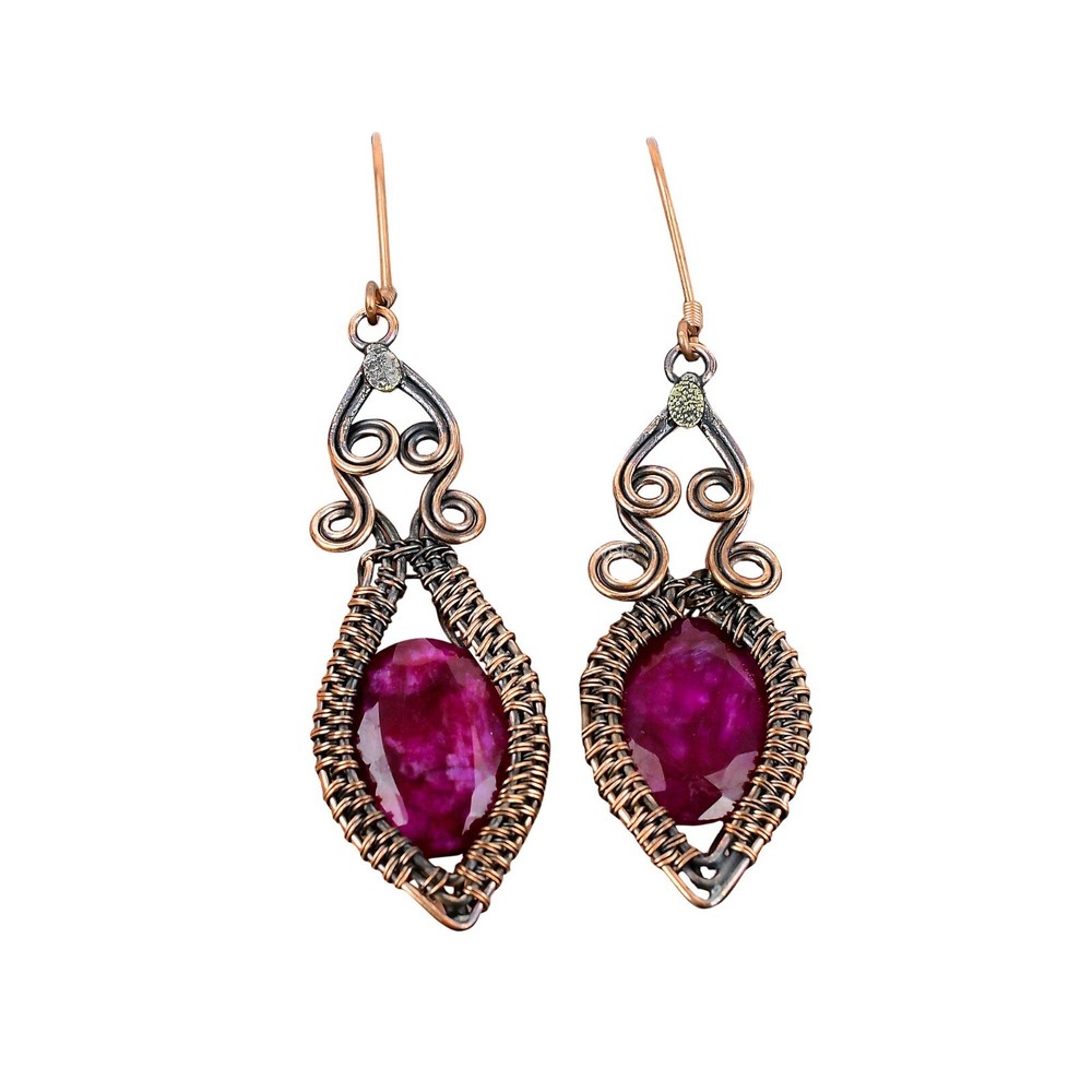 Kashmir Rubi Stone Copper Wire Dangle Earrings Mothers Day Jewelry Gift-image
