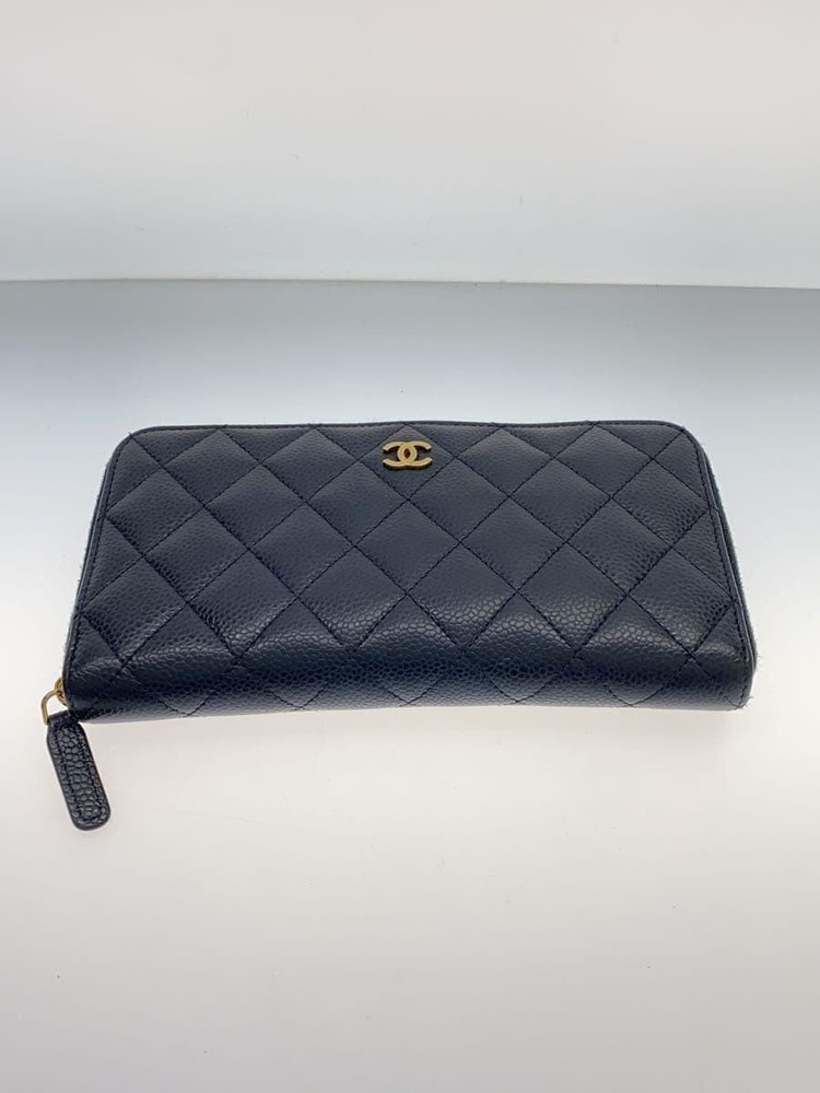 CHANEL Pre-Loved Caviar Leather Gold CC Zip Long Wallet Black Matelassé