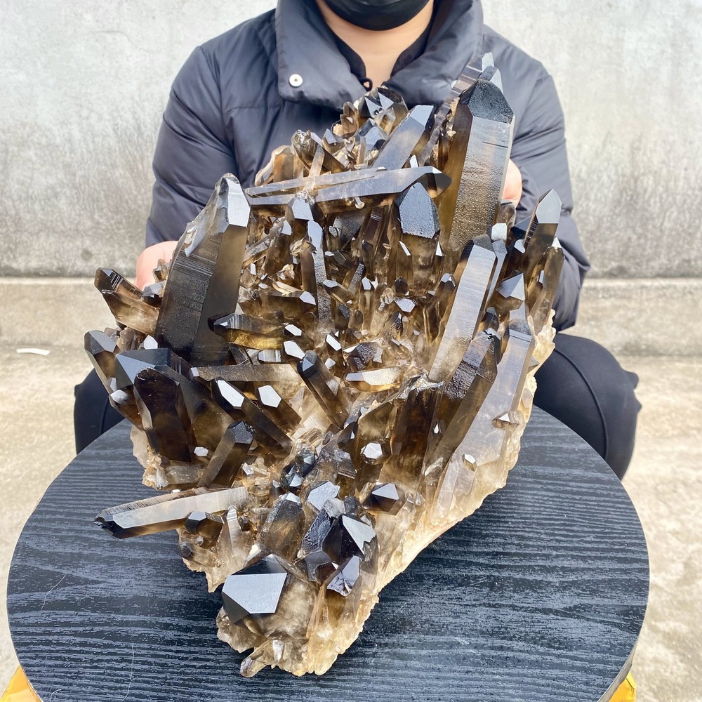 36.1LB Large Natural Smoky Black Quartz Cluster Crystal Specimen Healing