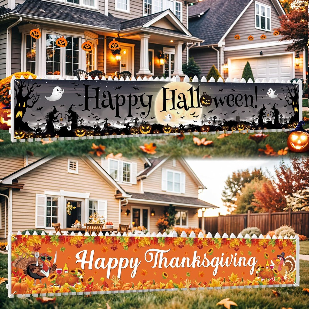 2pieces Large Happy Halloween Thanksgiving Banner Decorations,Happy Halloween...